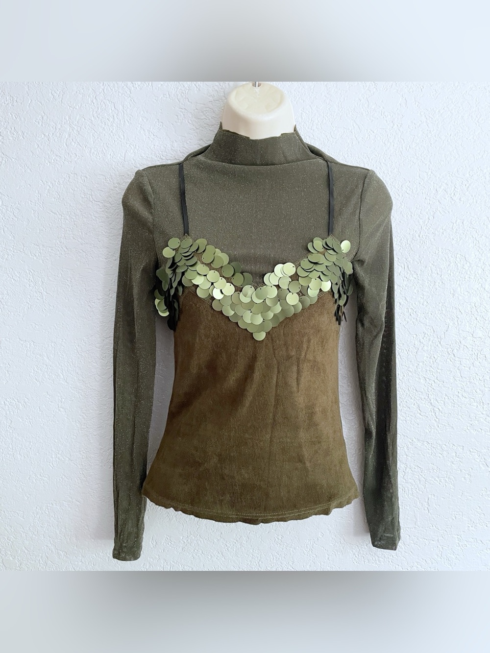 Y2K Olive Sequin Petal Accent Mock Neck Layered Long Sleeve Top Medium Bratz